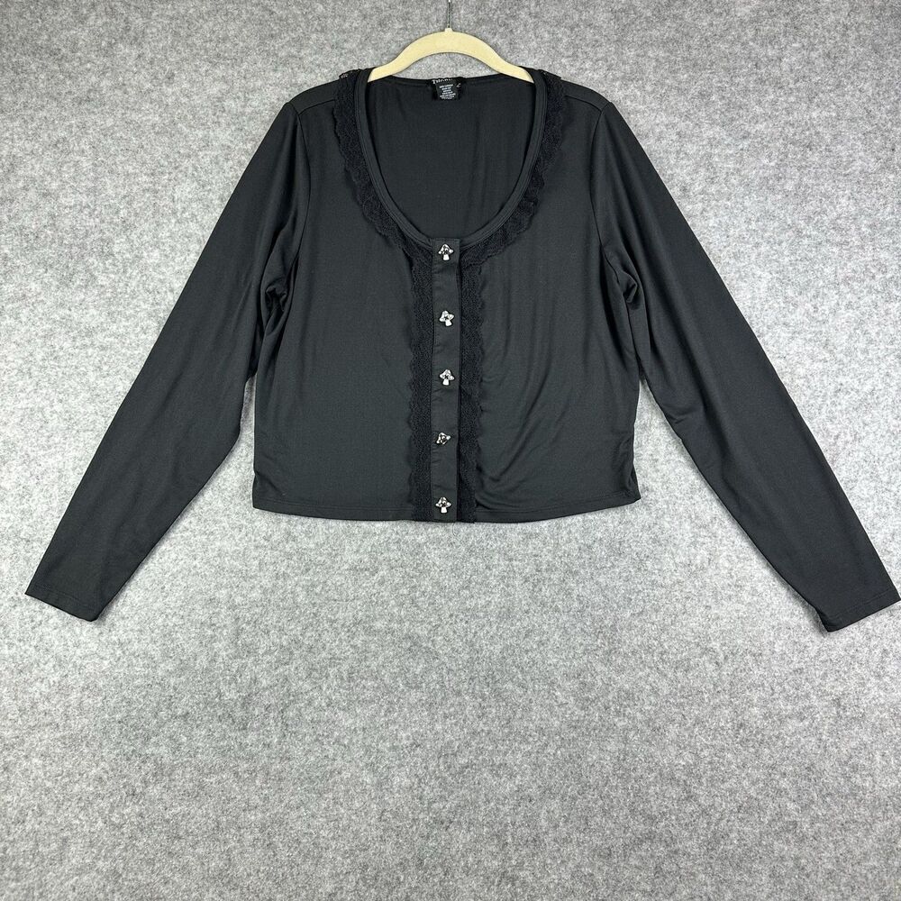 Thorn Fable Crop Top Womens XL Black Mushroom Button Whimsigoth Lace Trim Shirt